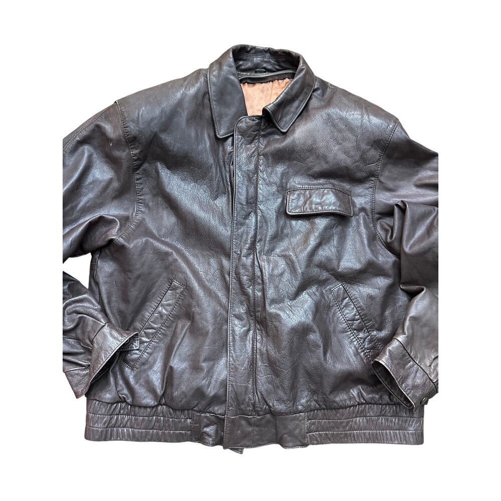 Vintage London Fog Bomber biker Jacket Heavyweight Genuine Leather Brown Size XL